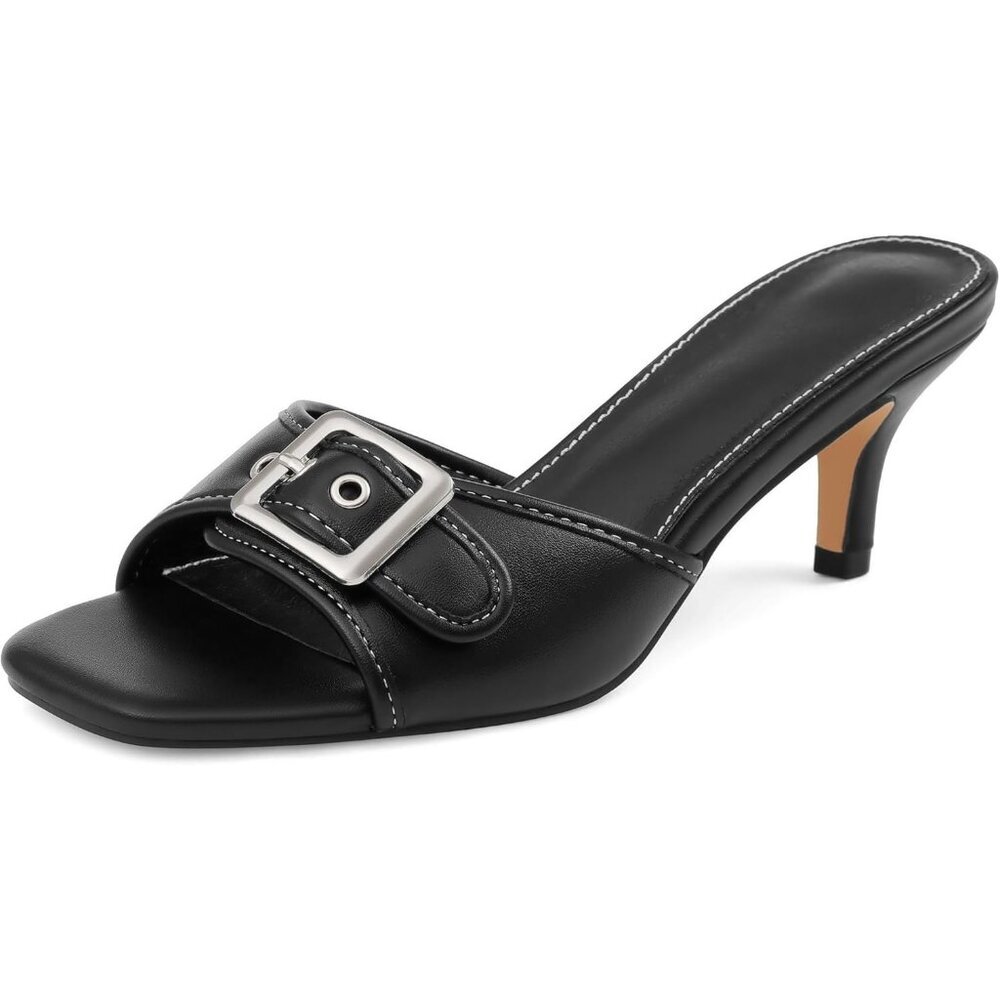 Women's Black Square Open Toe Low Heel Slip On Buckle Strap Heeled Sandals
